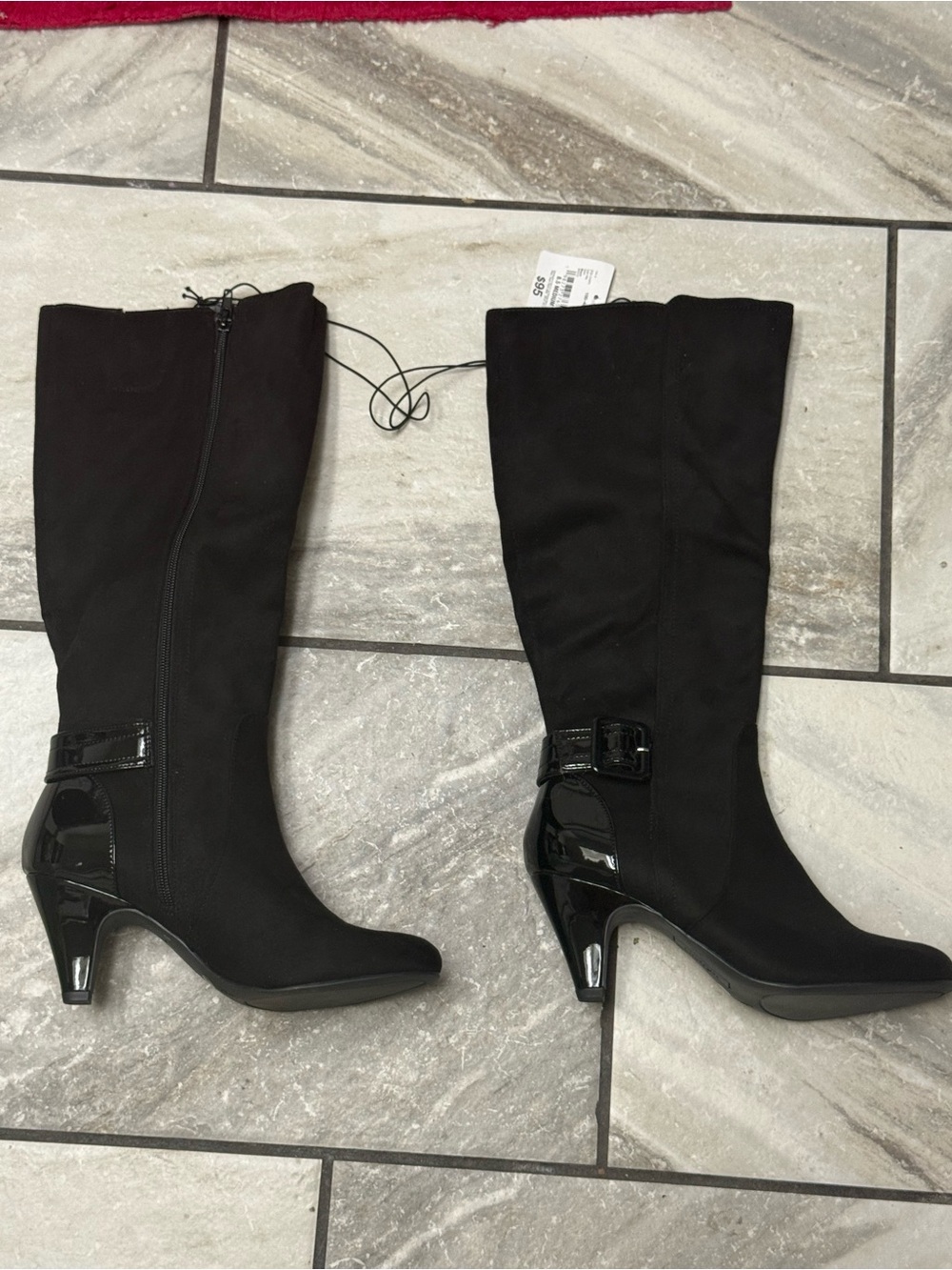East 5th Black Knee-High Heeled Boots with Patent Trim